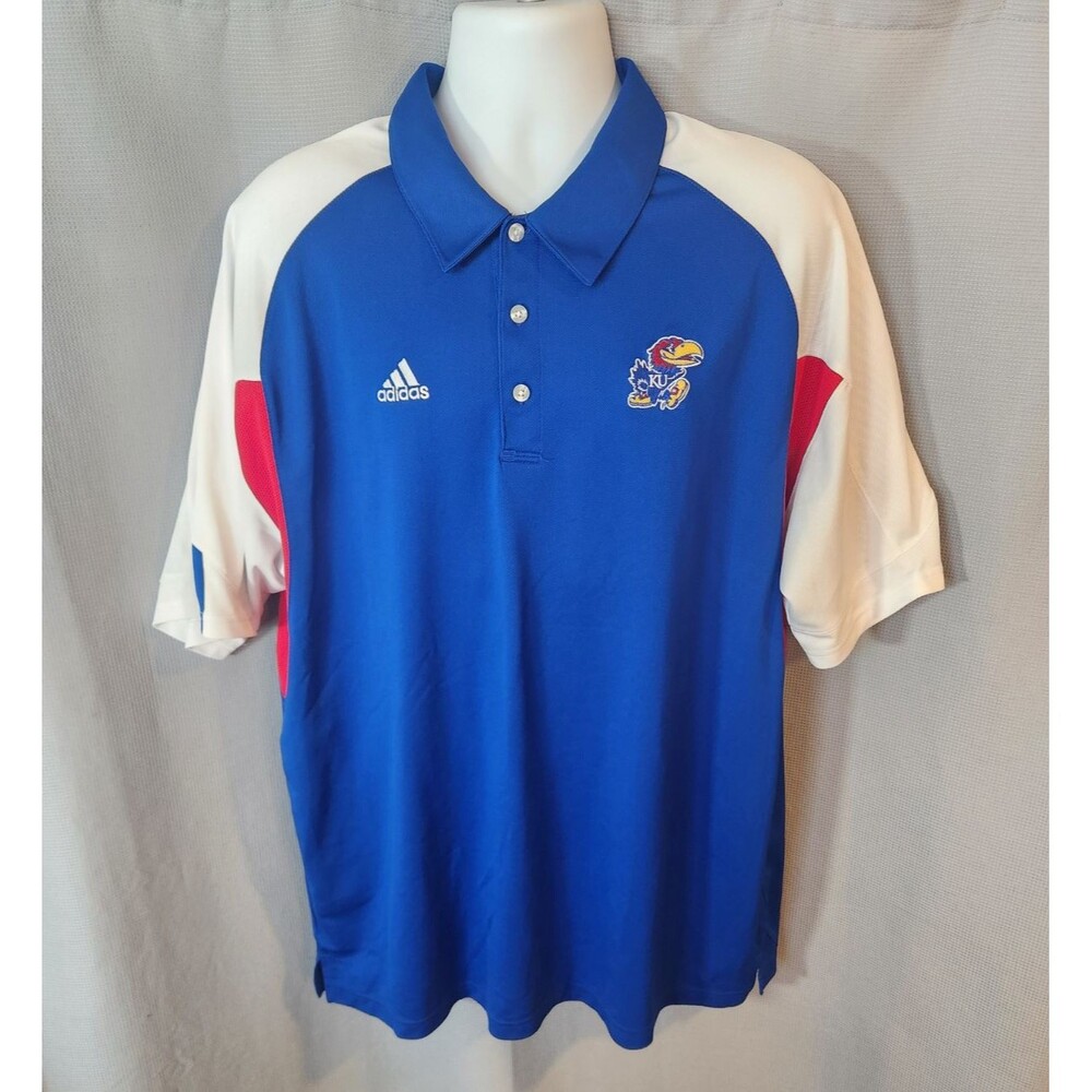Adidas Kansas Jayhawks Polo Shirt ClimaCool Polyester Mens XL Blue White Red